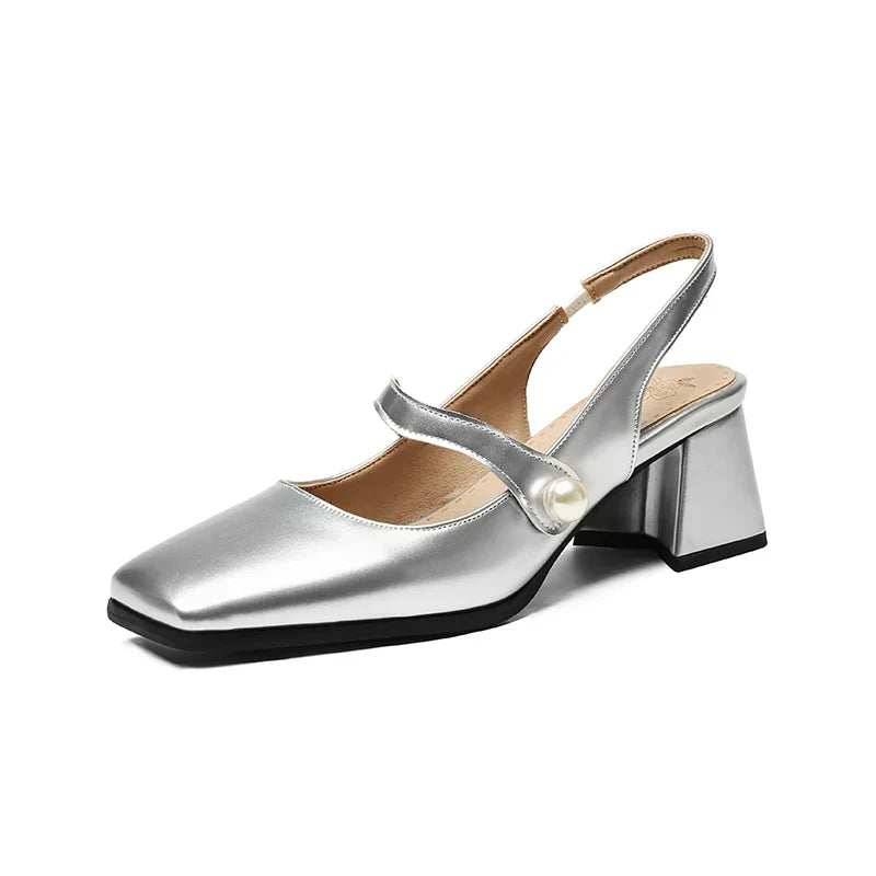 Slingback Sandals Square Toe Patent Leather Block High Heeled Mary Jane Shoes Gold Silver