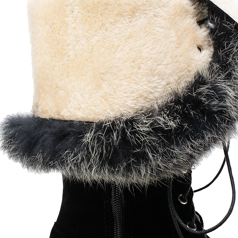 Lace-up Shoes Snow Boots Real Fur Boots Knee High Suede Thick Heel Warm Outdoor with Zip Big Size 43