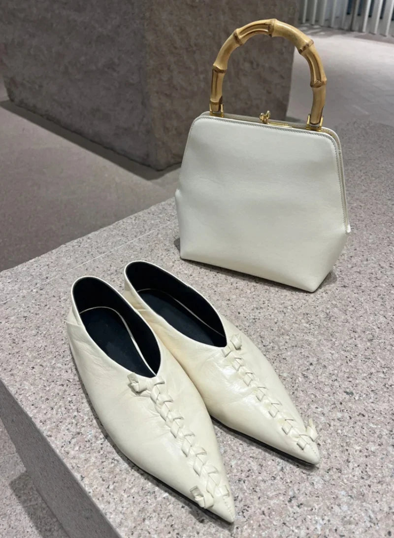 Genuine Leather Retro Pointed Toe Flat Shoes Design Weaving Simple Office Daily Commuting Shallow Shoes
