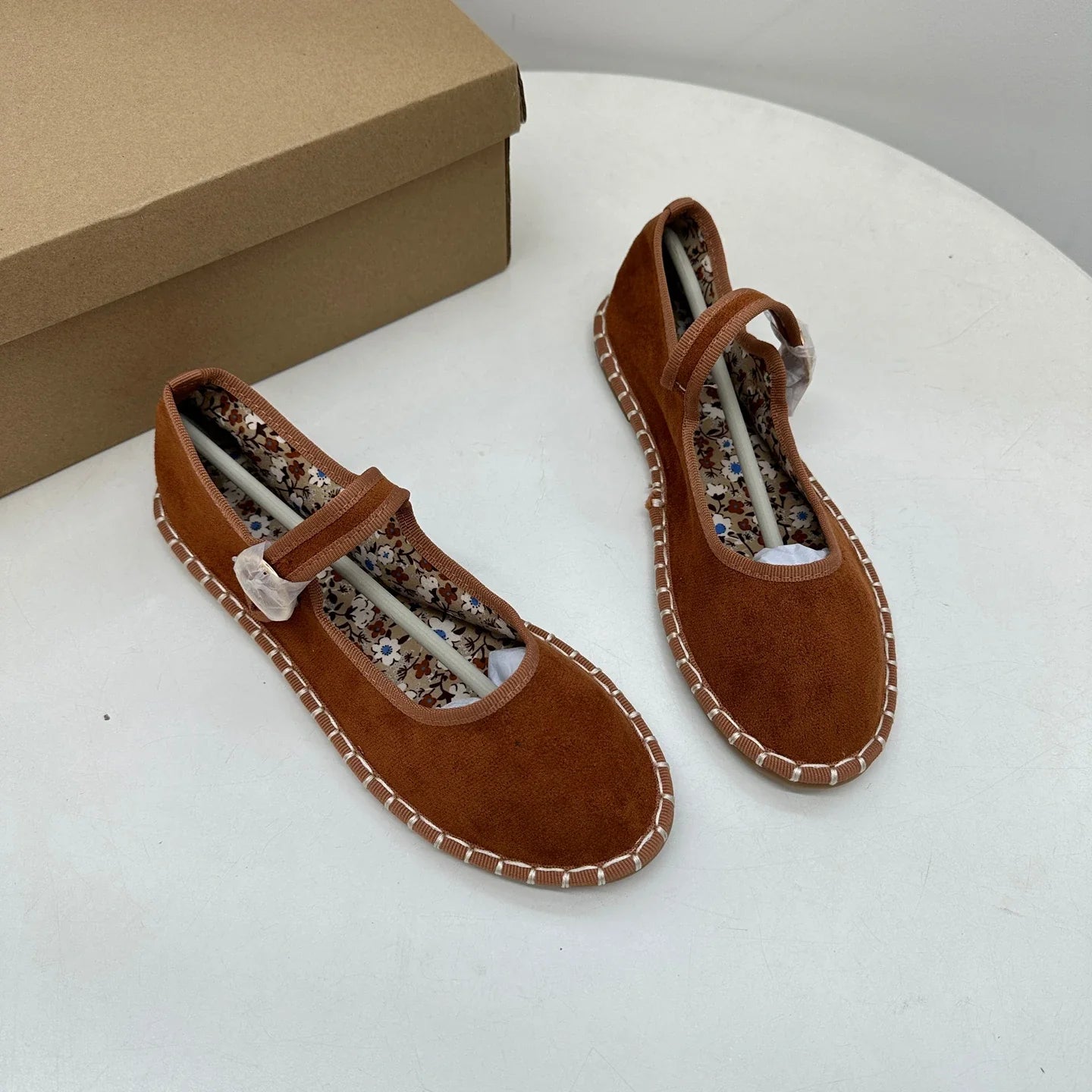 Floral Print Insole Velvet Flats Shoes Hand Stitching Elegant Mary Jeans Shoes Round Toe Ballets Flats Footwear