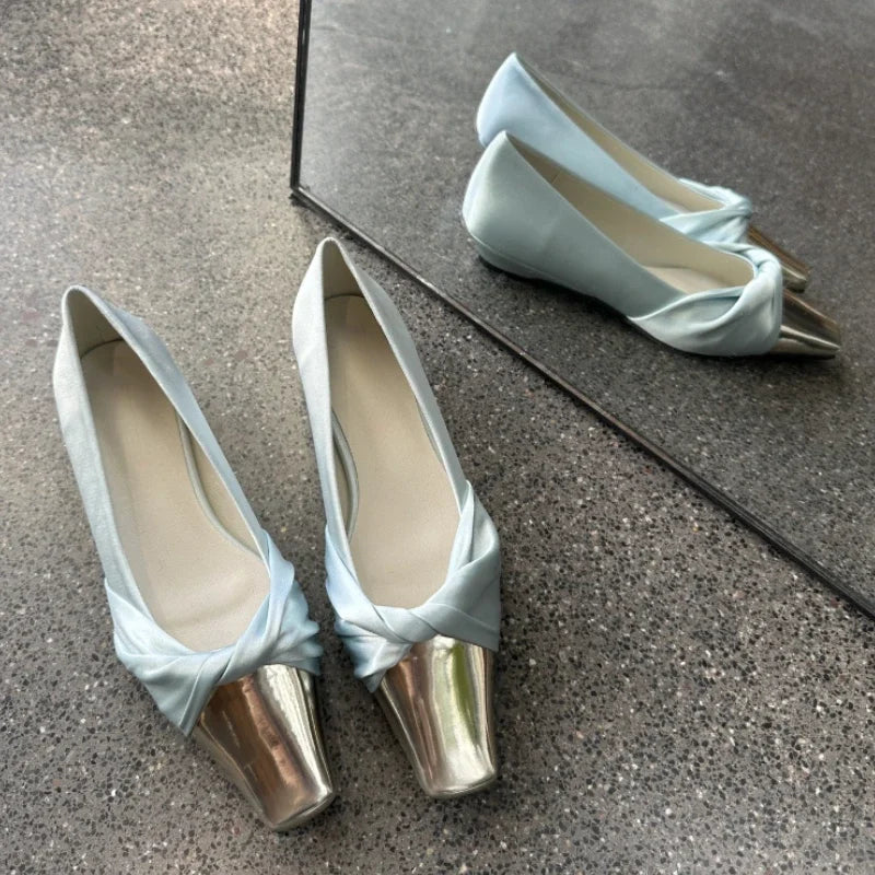 Metal Square Head Pumps Satin Flat Shoes Party Purple Comfy Casual FashionMueller Shoes