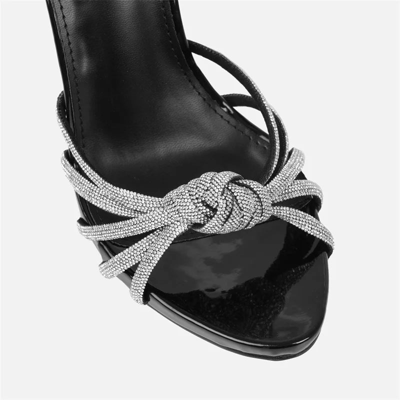 Black High Heels Sandals Peep Toe Crystal Narrow Band Stiletto Pumps Ankle Lace Up Party