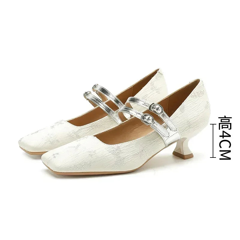 High Heels Silk Square Toe Elegant Comfort Belt Buckle Low Heel Shoes