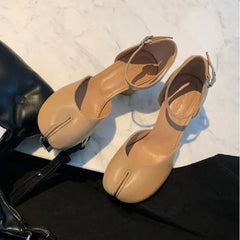 Tabi Ninja ShoesRound Split Toe Shallow Thick Heel Sandals Single Mid Heel Mary Janes