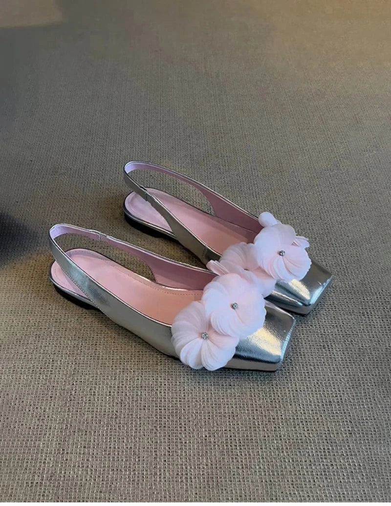 Flower Mules Sandals Square Toe Slip On Singbacks Shoes Elegant Dress Flats Sandalias