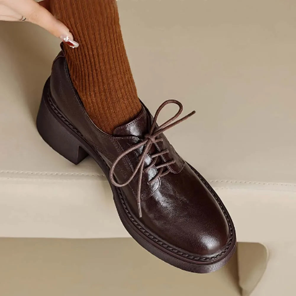 Womens Cowhide Lace Up Flat Shoes Oxford Round Toe Retro British High-Quality Soft Comfortable All Season Daily Shoes