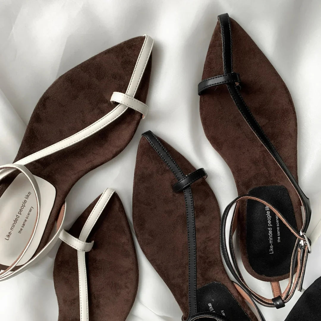 genuine leather narrow band ankle strap flats sandals pointed toe holidays beach sandals shoes