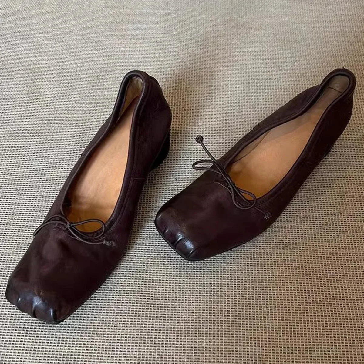 Square Toe wrinkled Mary Jane Shoes Soft Leather Round Heel Ballerina Shoes