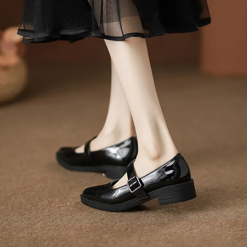 Patent Leather Buckle Strap Oxfords Woman Pointed Toe Shoes Low Heel Flats Mary Janes Lolita Derby Loafers Femme Sneakers