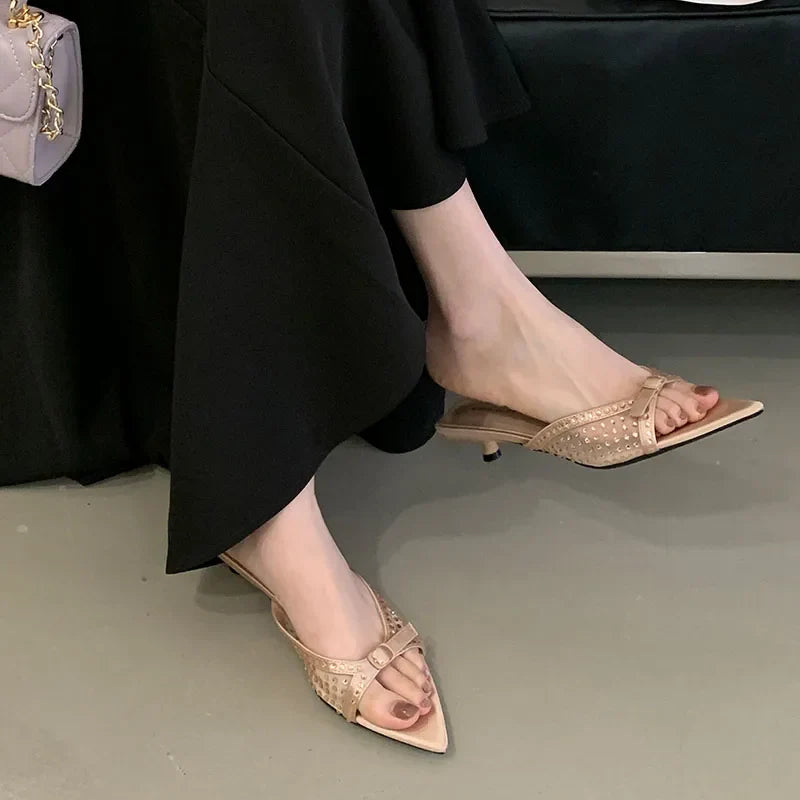 Pointed Toe Footwear Heeled Slippers Slides Shoes Rhinestones Low Heel Sandals Shoes