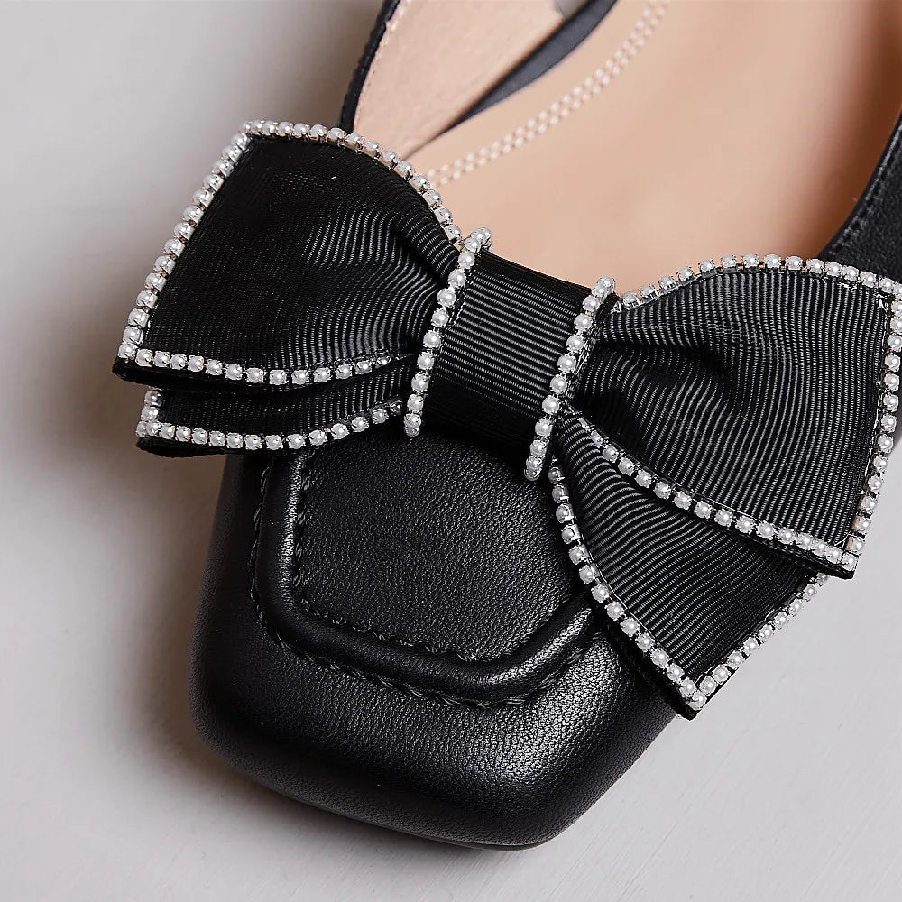 genuine leather slingback slip-on flats sandals square toe sweet bowtie korean style flats sandalias shoes