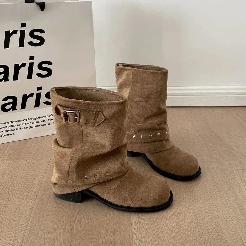 Pleated Western Ankle Boots Rivet Belt Buckle Shoes Concise Vintage Thick Heel Short Booties