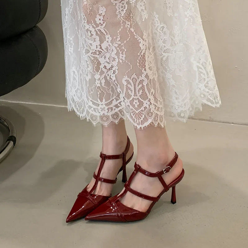 Pointed Toe Pumps Heels Shoes Ankle Buckle Footwear T-Strap Thin High Heels Shoes