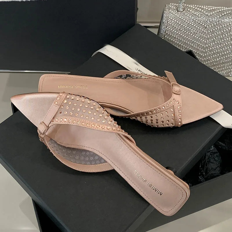 Pointed Toe Footwear Heeled Slippers Slides Shoes Rhinestones Low Heel Sandals Shoes
