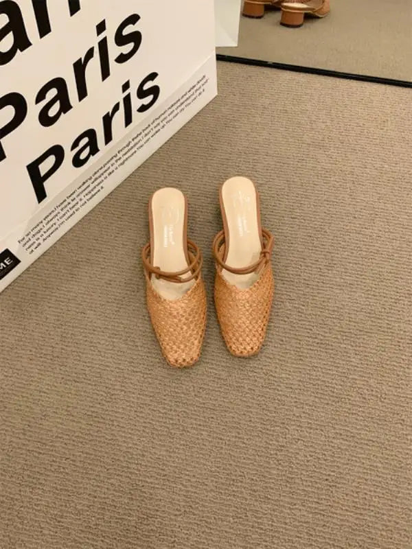Shoes Slippers Soft Slides Slipers Cover Toe Low Loafers Fretwork Heels Comfort Flat Basic Fabric Rubber Cane PU