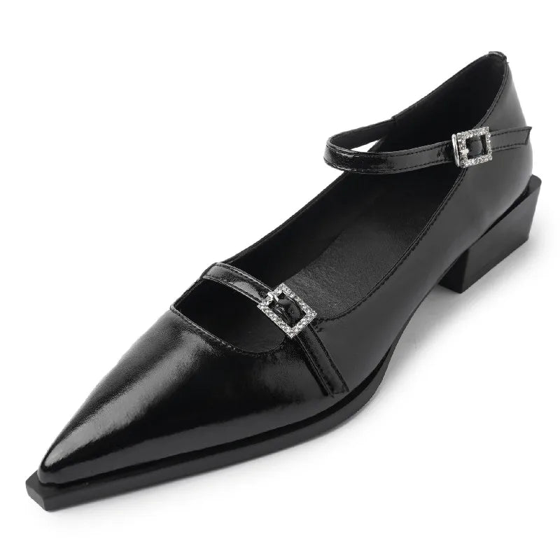 Low Heels Pointed Toe Vintage Genuine Leather Mary Janes Shoes Woman Casual Office Ladies