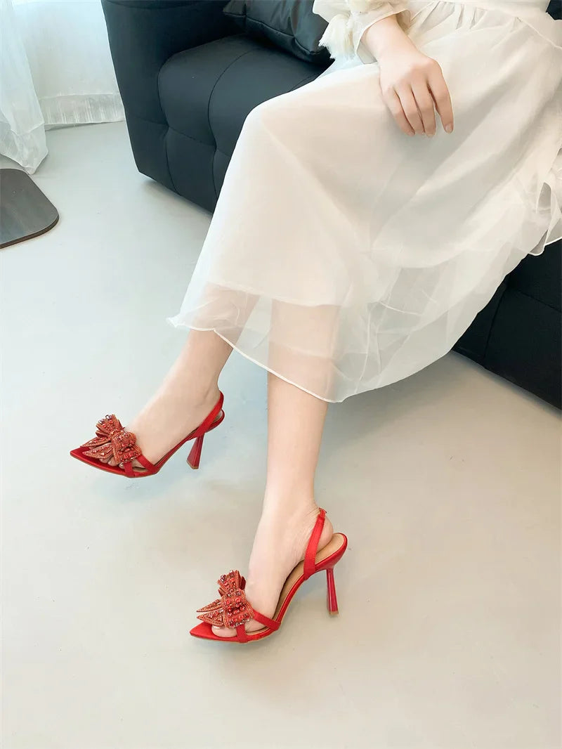 Crystal Rhinestone Bowknot Pointed Open Toe Back Strap Sandals Pink High Heels Wedding Prom Shoes Size 35-41