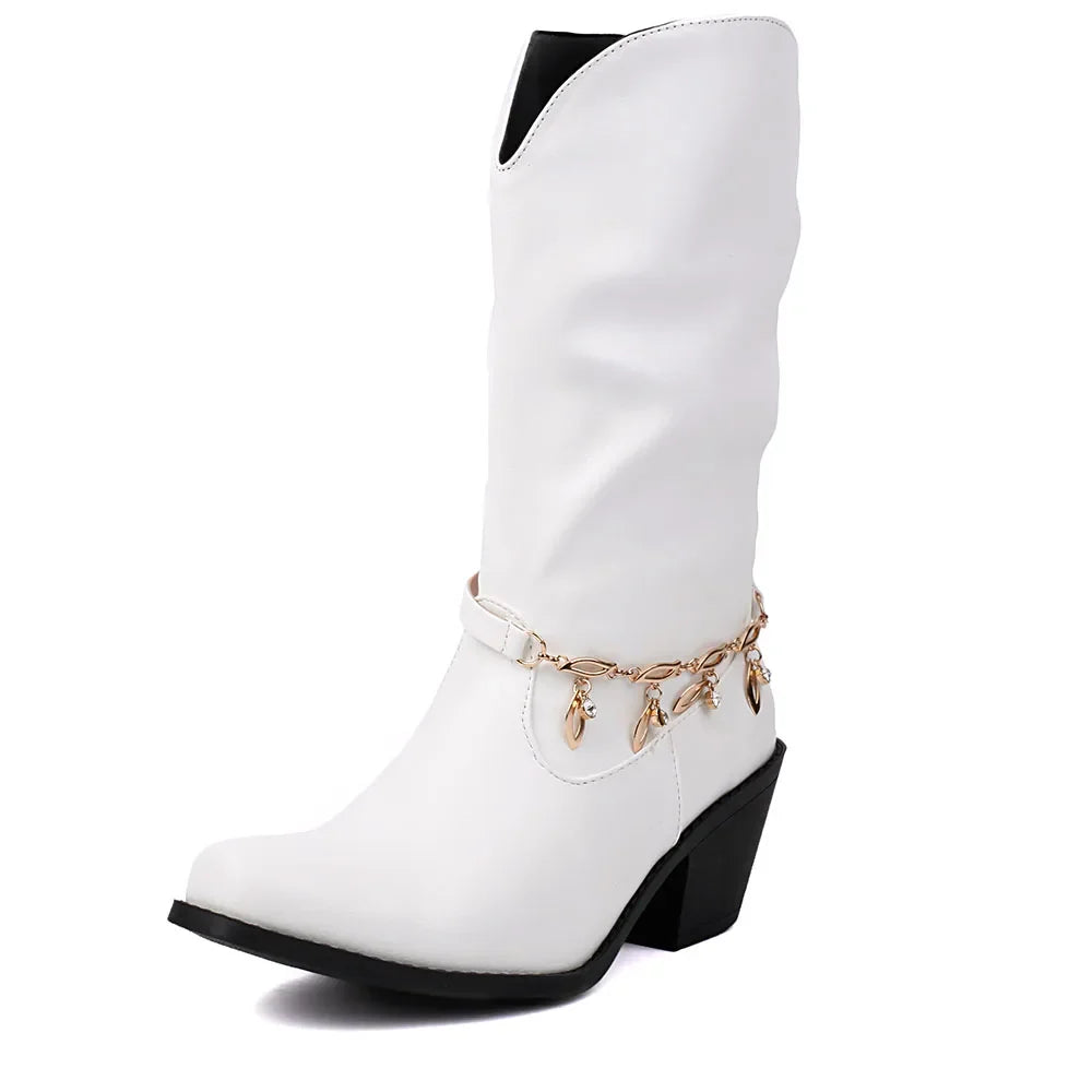 Big Size 43 Square Toe Square Toe Mid Calf Boots Metal Chain Autumn/Party Shoes Woman
