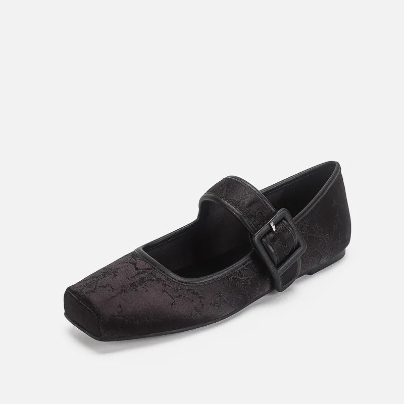 Silk Embroidery Ballerinas Woman Pig Toe Flats Shoes Belt Buckle Silky Mary Janes Wedding Brides Ballets Loafers