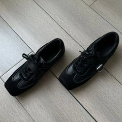 Retro Square Toe Ballet Sneaker Leather Patchwork Sports Shoes Casual Lace Up Belt Buckle Design Mary Jane Shoes