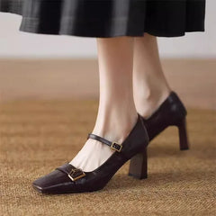 Metal Buckle Decoration Mary Jane Shoes Comfortable Leather High Heels Elegant Chunky Heel Zapatos De Mujer