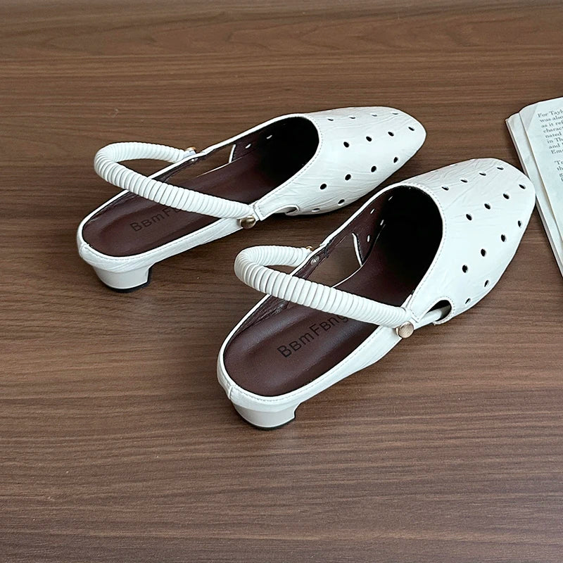 Hollow Sandals Heels Slippers Beach Mules Shoes Trend Chunky Leather Shoes Casual Flip Flops Mujer Slides