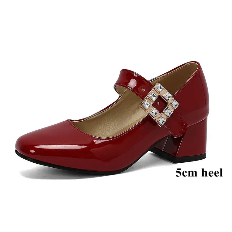 Plus Size 48 Patent Leather Mary Jane Shoes Sparkly Crystal Rhinestone Burgundy White Block Heel Pumps Party Shoe