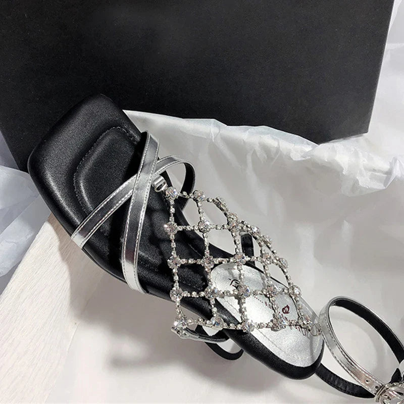 Roma Style Hollow Out Crystal Mesh Cozy Square Open Toe Strange Low Heels Shoes Gladiator Sandalias