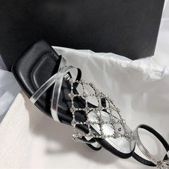 Roma Style Hollow Out Crystal Mesh Cozy Square Open Toe Strange Low Heels Shoes Gladiator Sandalias