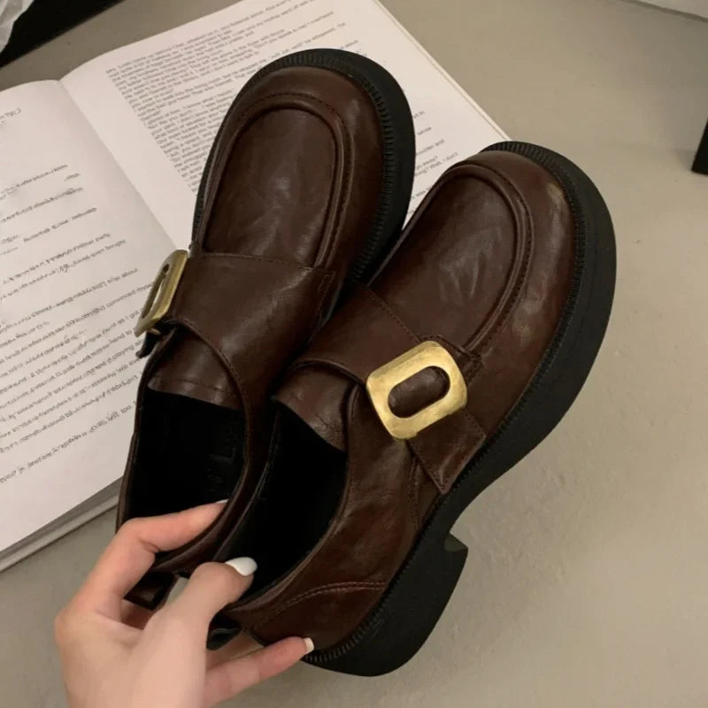 British Style Metal Buckle Low Heels Shoes Daily Dress Up Flat Shoes Outside Casual Comfortable Shoes