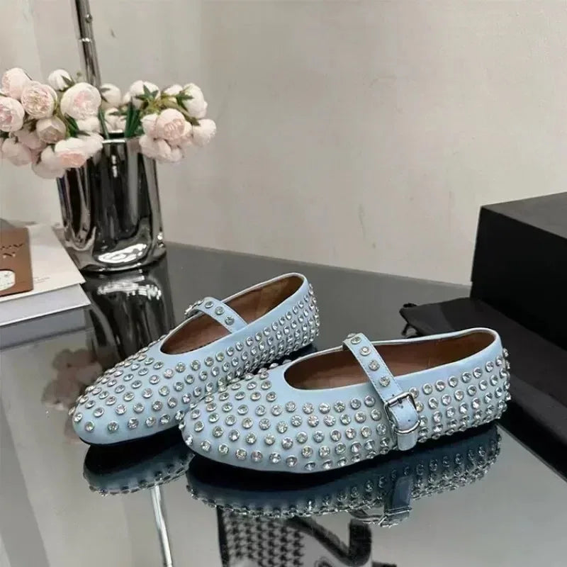 Casual Comfort Flat Mary Jane Single Shoes European and American Rivet Buckle Shoes Dance Shoes
