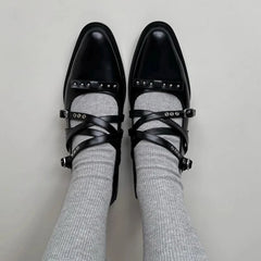 Roman Style Pointed Toe Shoes Mid Heels Rivet Single Shoes Elegant Versatile