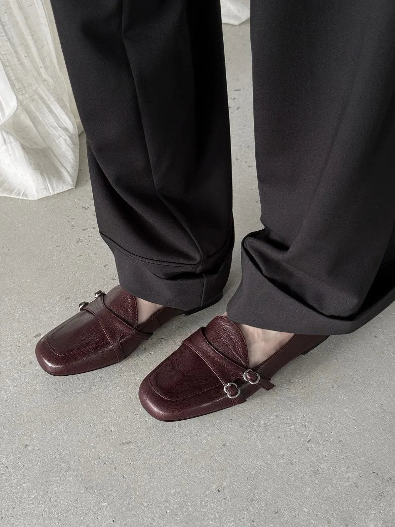 Elegant Burgundy Square Toe Loafers Metal Buckle Stitching Shoes Comfortable Commuting Flat Office Shoes