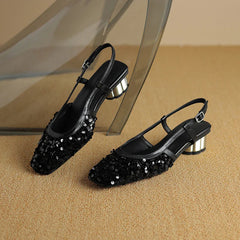 Blingbling square toe slingbacks strange heel slip on
