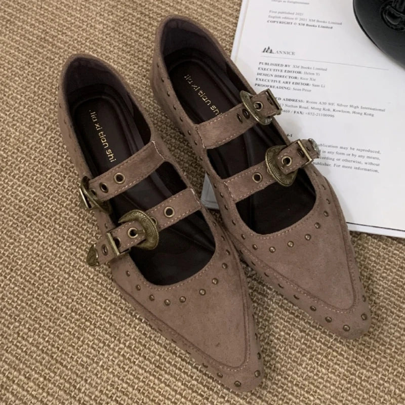 Rivets Pointed Toe Mary Jane Shoes High Quality Double Belt Buckle Design British Style Casual Flat Shoes