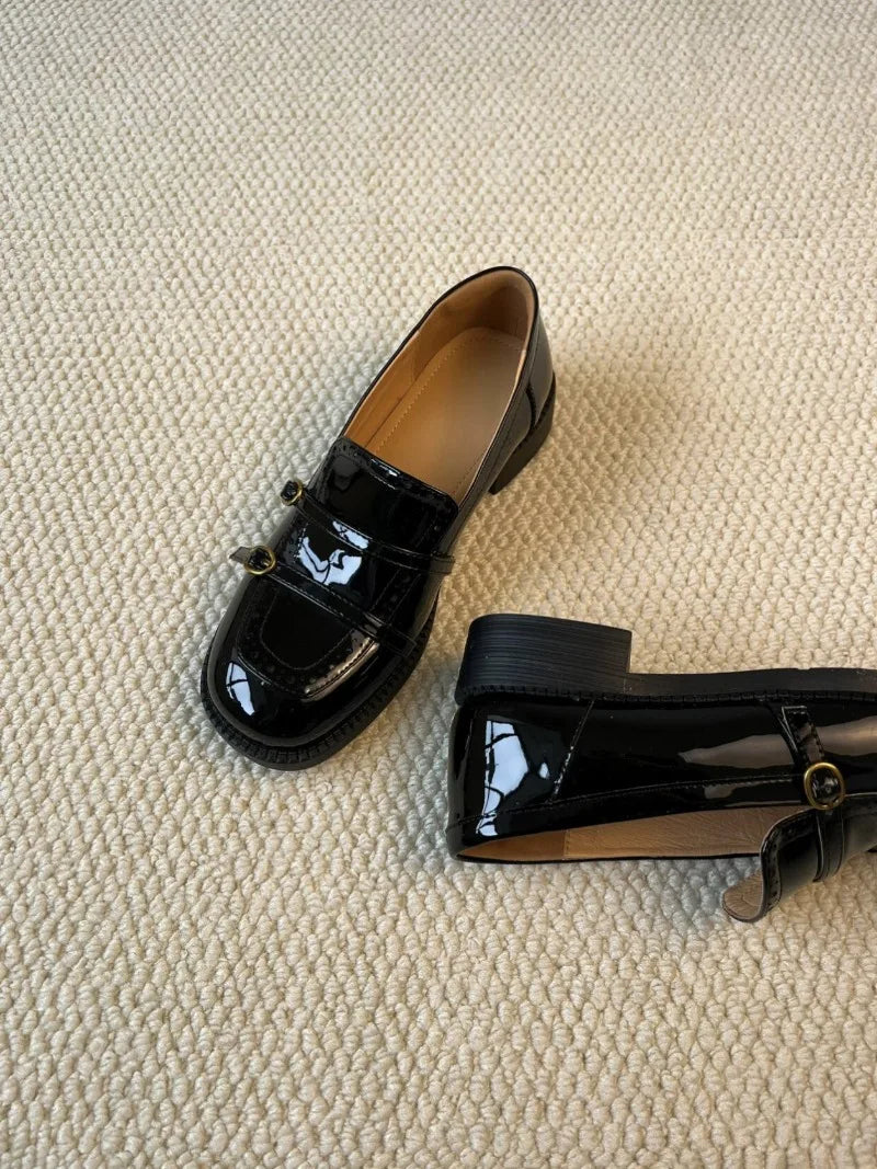 High Quality Patent Leather Loafers Double Narrow Band Buckle Shoes Retro British Style Zapatos De Mujer