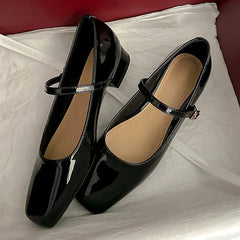 Patent Leather Square Toe Buckle Strap Sandals Low Heels Party