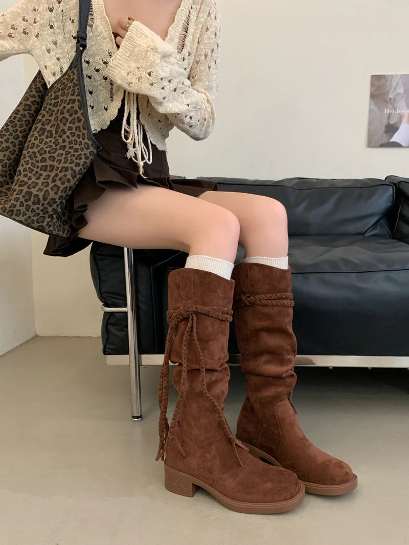 Brown Suede Boots Woman Round Toe Fall Gothic Shoes Chunky Heels Knee High Boots Western Style Shoes