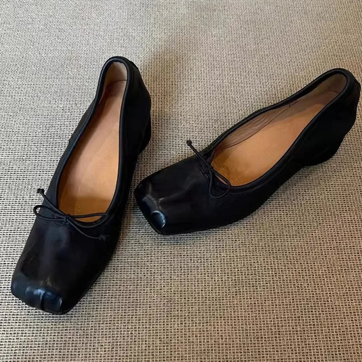 Square Toe wrinkled Mary Jane Shoes Soft Leather Round Heel Ballerina Shoes