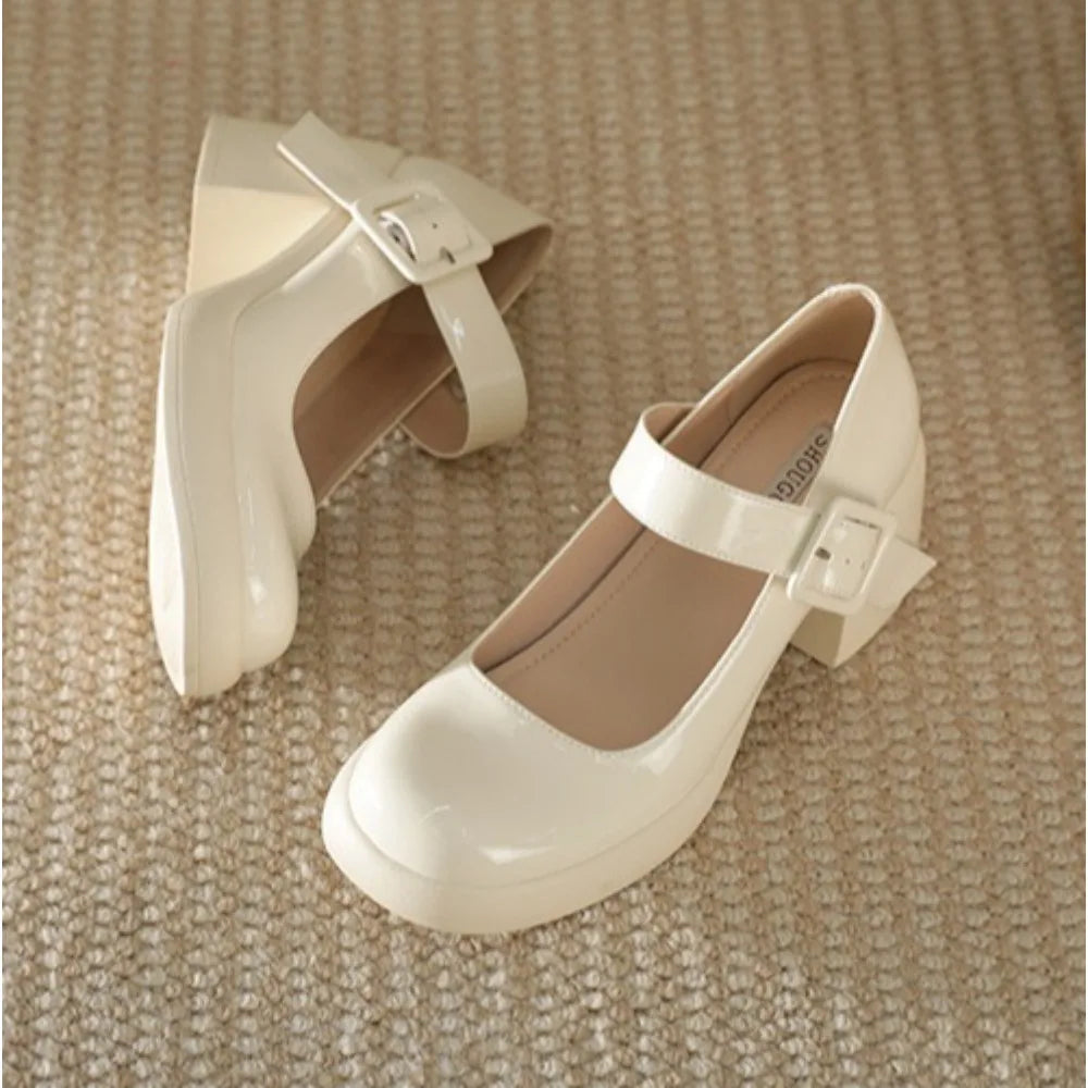 High Heels Word Belt Mary Jane Single Shoes Thick Heel Light Mouth Buckle High Heel Leather Shoes