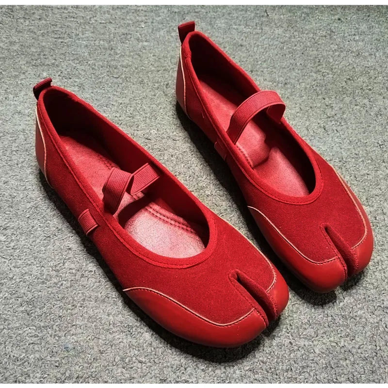 Split toe Faux suede Patchwork Tabi Ballet Flats Mary Janes Walking Loafers Casual Girls Dance Shoes