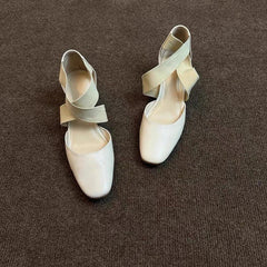 Women'sShoes Square Toe Thick Middle Heel Cross Elastic Cowhide Color Office Shallow Single Shoes