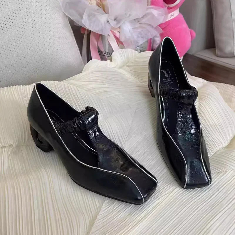 Sandals Square Toe High Heels Shoes Woman Brand Dress Leather Shoes Chunky Pumps Mujer De Sandalias