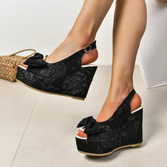 Slope Heel Sandals Bow Embroidery High-heeled Fish Mouth Shoes Thick Bottom Versatile Shoes