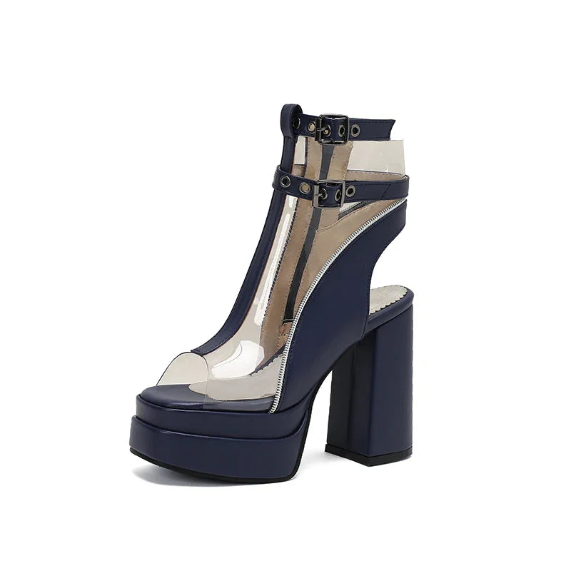 Brand Chic Thick Platform 12cm Super High Heels Ankle Boots Peep Toe Transparent Belt Buckle Slingback Shoes