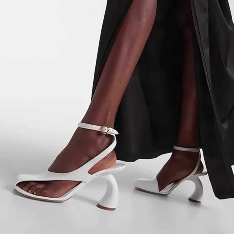 Leather Sandals Square Toe Ankle Strap Chunky Heel Elegant Party Evening