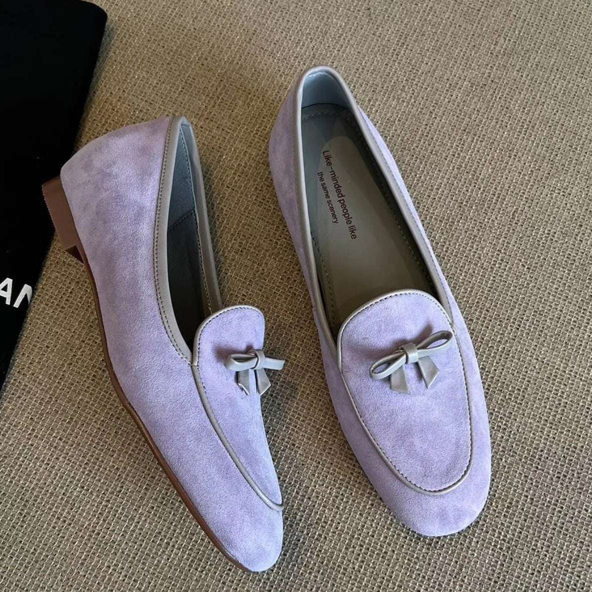 Suede Loafers shoes with Genuine Leather Bow Decoration Flat Shoes Comfortable Shallow Mouth Shoes