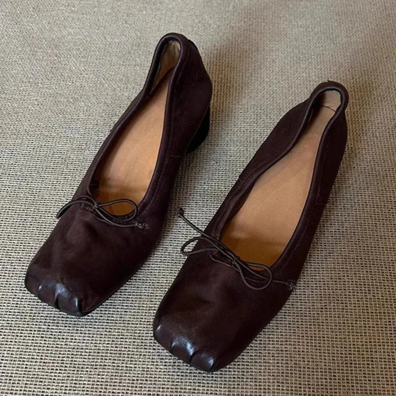 Square Toe wrinkled Mary Jane Shoes Soft Leather Round Heel Ballerina Shoes