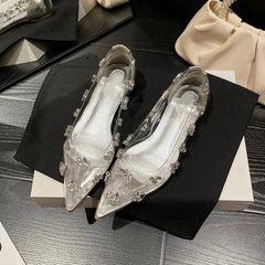 Transparent Rhinestone Pointed Ballet Shoes Design Sense Simple High Heels Silver Design Flats