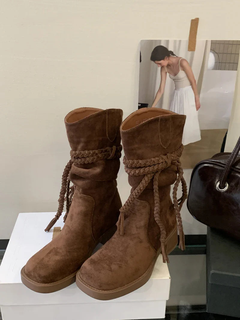 Brown Suede Boots Woman Round Toe Chunky Heels Boots Fall Black Rocks Shoes Botas Western Cowboy Feminina